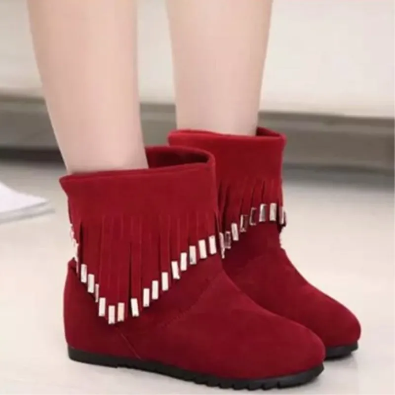 Female Autumn Short Boots Height Increasing Round Toe Fringe PU Leather Martin for Women Spring | Обувь