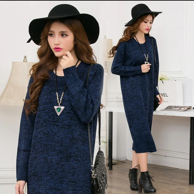 Женское платье 2018 осень зима вязаный свитер Длинные до середины икры винтажные