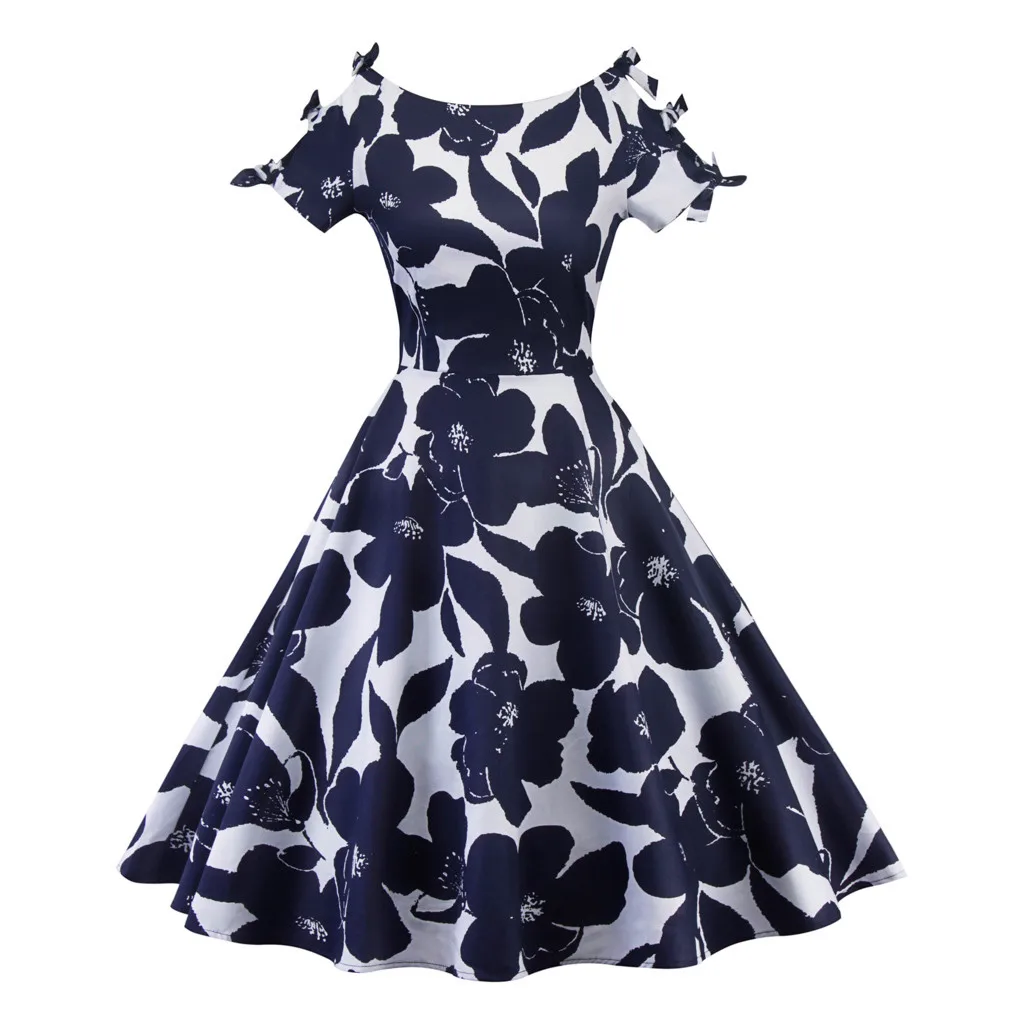 Женское платье трапециевидной формы с цветочным принтом открытыми плечами