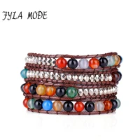 fyla mode trendy 4 strand mixed colorful natural bead with silver ccb bead wrap bracelet fashion braided wax cord 4 row bracelet