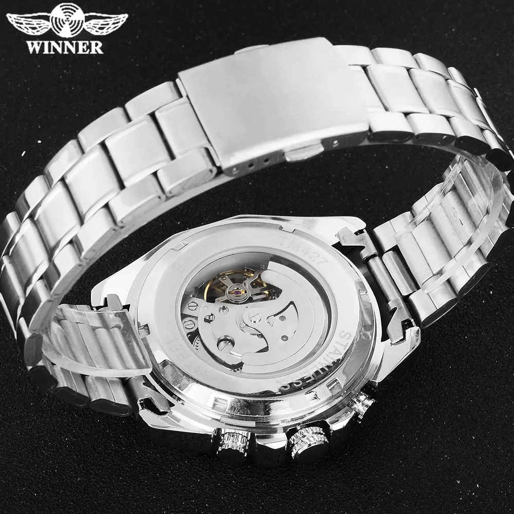 Часы наручные WINNER Мужские механические модные брендовые Роскошные серебристые с
