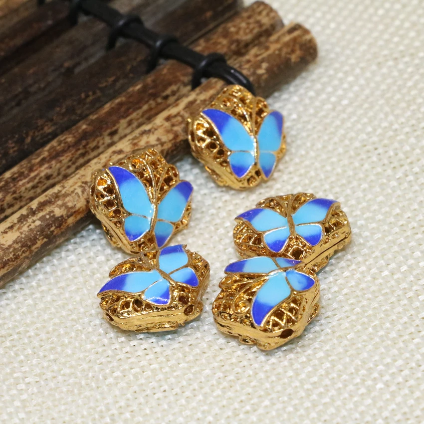 

New fashion charms 10pcs gold-color hollow square shape carved butterfly cloisonne accessories spacer beads 17mm jewelry B2450