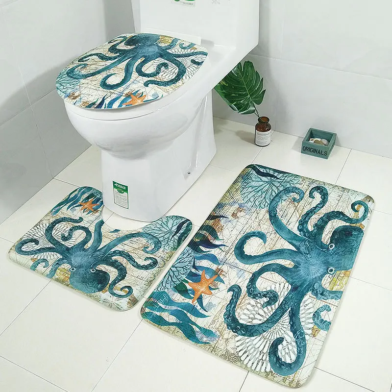 

Zeegle 3Pcs Bathroom Carpets Set Turtle Octopus Printied Toilet Floor Mats Anti-slip Bathroom Rugs Bath Mat Set Shower Room Mats