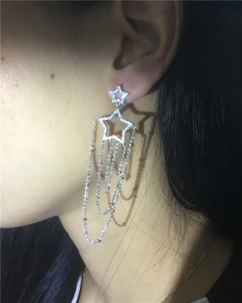 Длинные серьги с кисточками и звездами AAAAA Cz Настоящее серебро 925 пробы