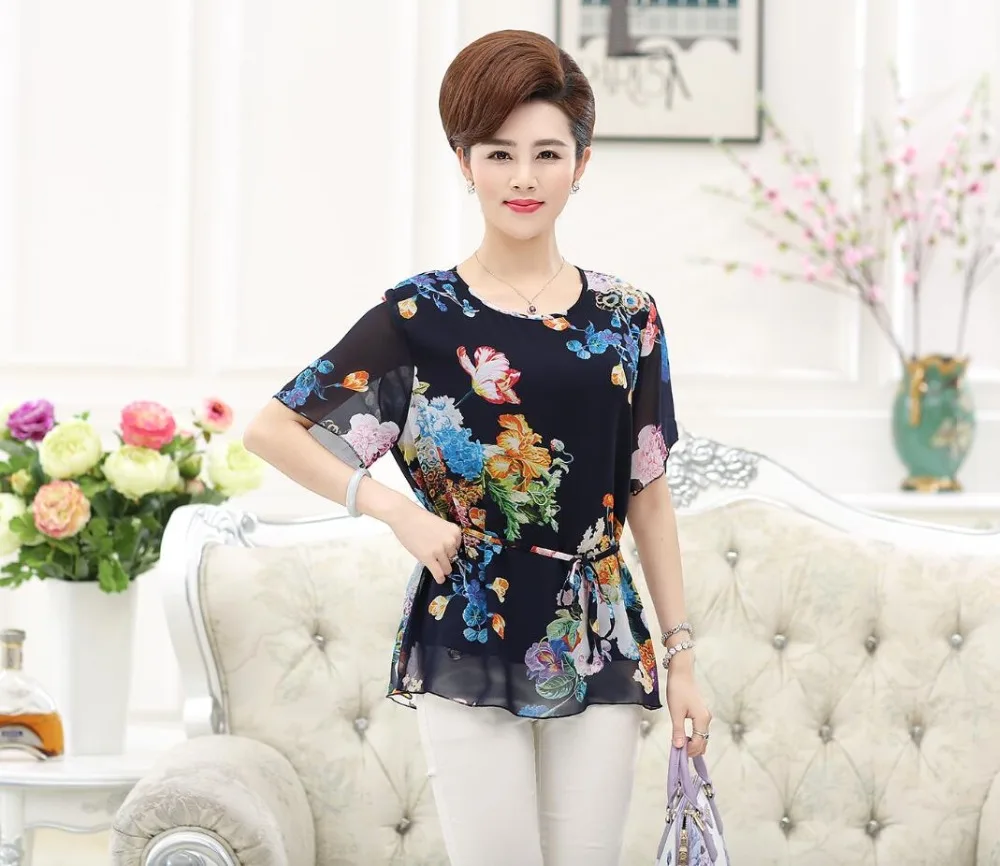 2016 Женская Летняя шелковая и шифоновая блузка с цветочным принтом короткими