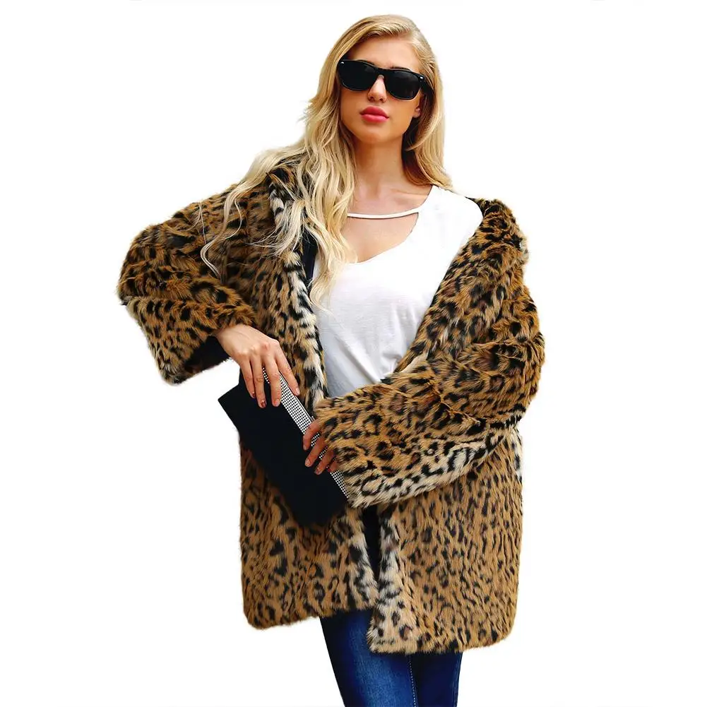 2019 Fashion Women Leopard Faux Fur Coat Warm Autumn Winter Jacket Fluffy Outwear Elegant Fake Coats | Женская одежда