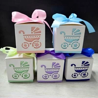 50pcs square baby shower party favour gift chocolate candy boxes in laser cut baby carriage design colors for baby girl and boy