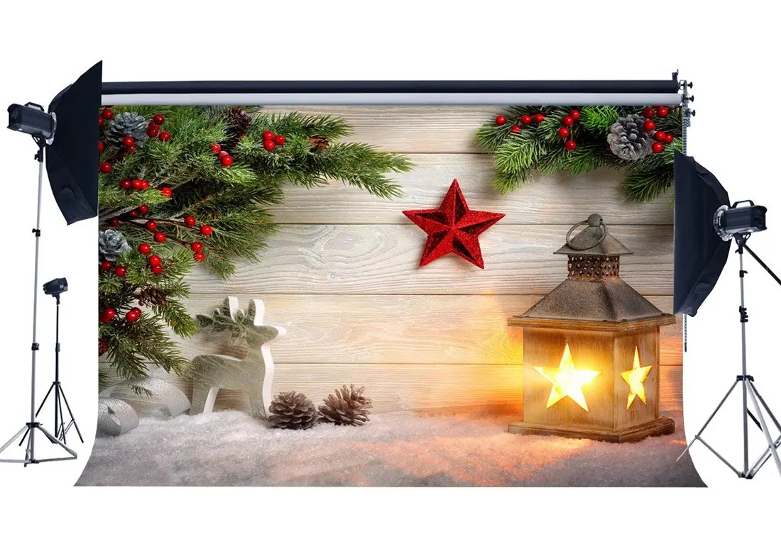 Photography Backdrop Christmas Reindeer Star Snow Red Berry Pine Twigs Wood Plank Xmas Backdrops Happy New Year Background | Электроника