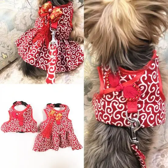 Chinese Style Pet Clothes Dress Puppy Dog Collar Leash for Small Medium Animals Walking Harness For Cat Kitten Dropship Дом и сад