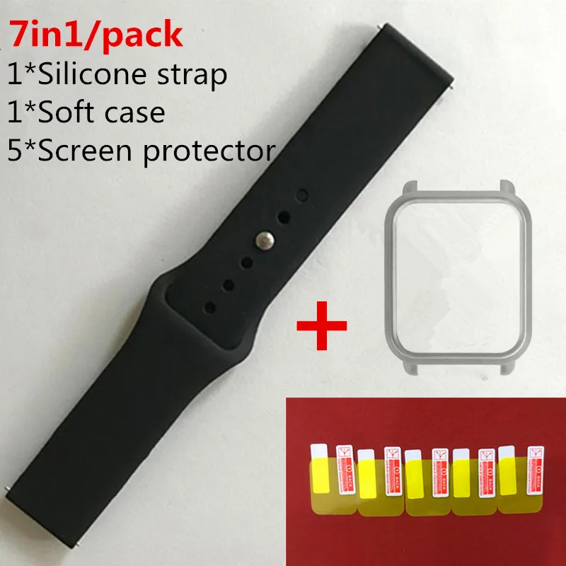 Black 3 7в1 Мягкая силиконовая лента для Xiaomi Huami Amazfit Bip маленький ремешок браслет часы с PC чехол Защитная пленка для экрана - Цвет: Black 3