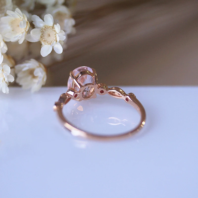 

DUPUY 2018 Hot Sale New Pave Ruby&Diamond 6*8mm Oval Cut Natural Morganite Engagement Ring 14K Rose Gold Art Deco Style F0009MO
