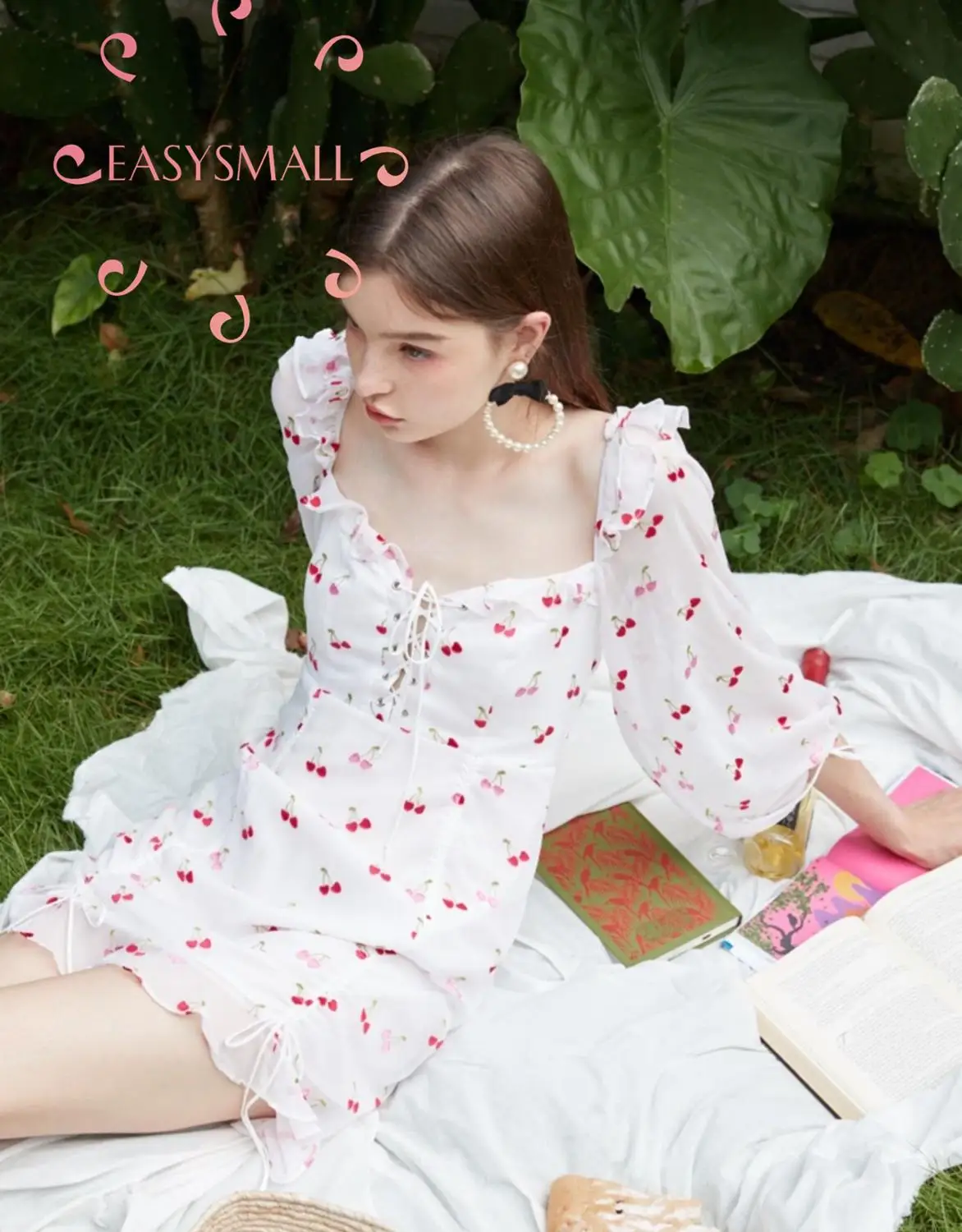 Женское платье с рукавами-фонариками EASYSMALL летнее высокой талией вишневым