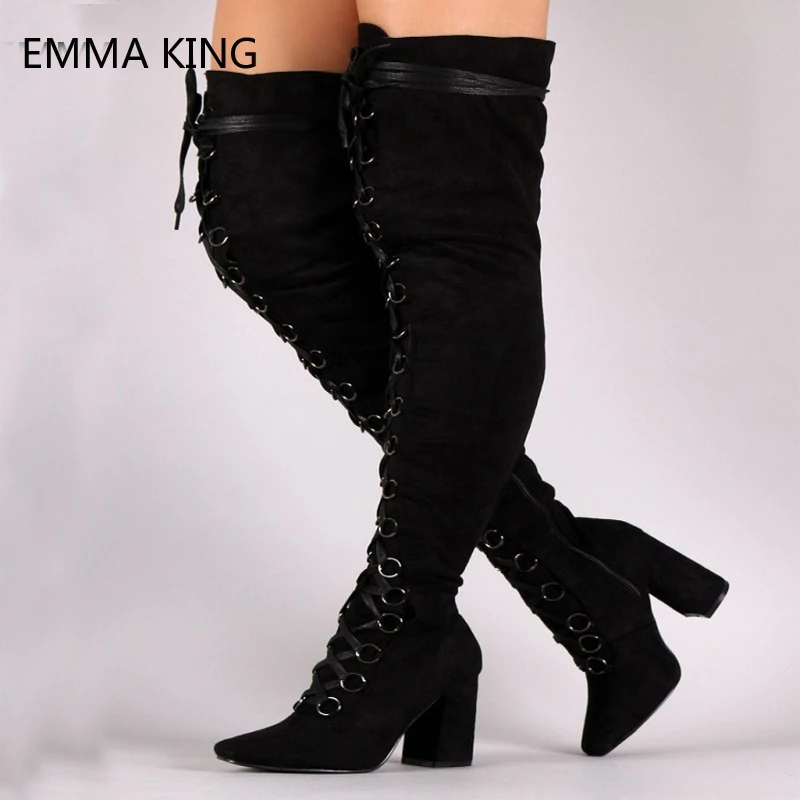 Emma king/Замшевые женские высокие сапоги на шнуровке новый стиль модные до колена