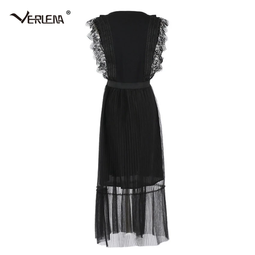 Verlena 2019 Плиссированное черное летнее платье с круглым вырезом и кружевом без