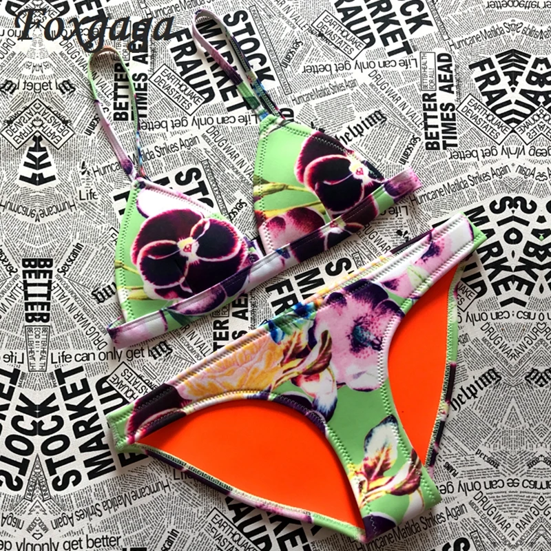 2017 diving sexy bikini two pieces swimwear underwater sports swimsuit floral bathing suit retro biquini FOX1001 |