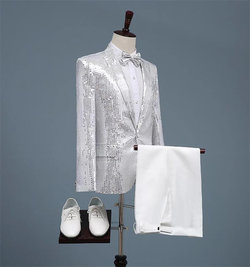 Серебряный Свадебный Мужской костюм с блестками остроконечный воротник на одной