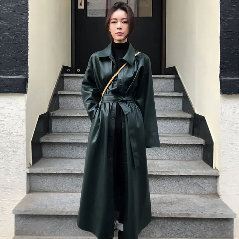 

2019 New Spring Women Loose Belt PU Leather Windbreaker Trench Coat Slim Autumn Jacket Cool Leather Long Jacket
