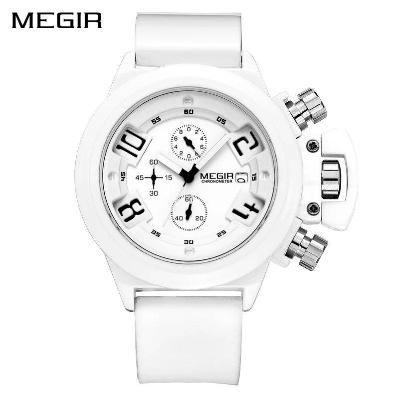 White MEGIR Big Dial Fashion Men's Military Sports Watches Waterproof Silicone Strap Casual Quartz Wrist Watch Male Relogio Masculino - Цвет: White