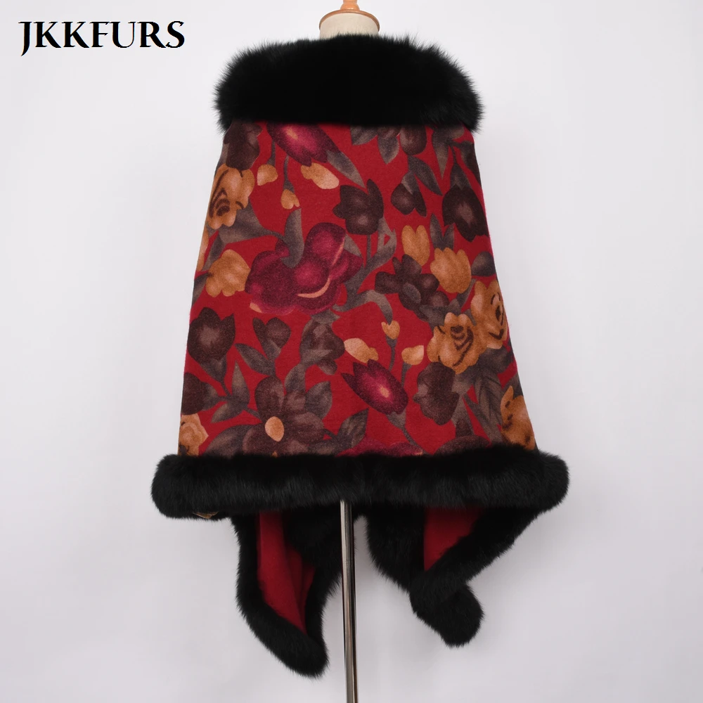 Женское пончо из натурального меха отделка воротником Лисьего и шерстяная