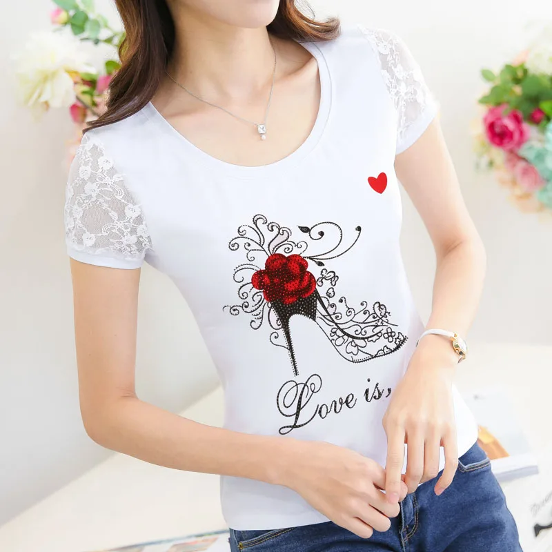 Женская Кружевная футболка с коротким рукавом Camisetas Mujer летняя принтом