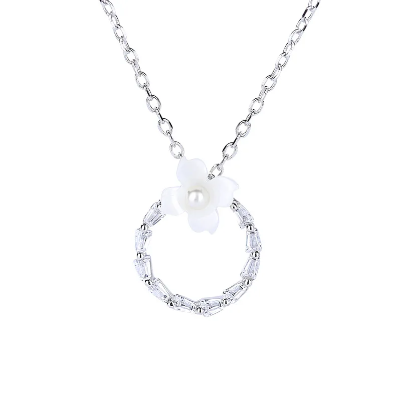 

Fashion S925 sterling silver shell flower pendant necklace for women Crystal pendants necklace 925 silver jewelry Engagment gift