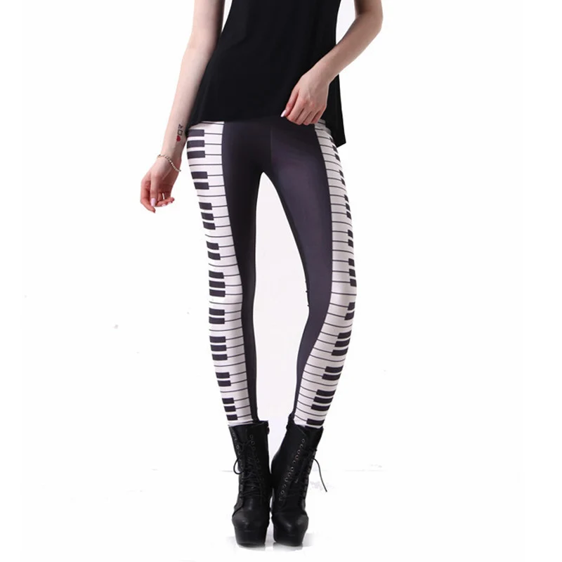 Лидер продаж сексуальный! Женские леггинсы с рисунком пианино черные белые