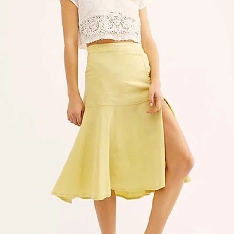 2019 Summer Sexy Split Women's Skirt Fashion Solid Button Yellow White Black High waist A-Line Midi Skirts Jupe Femme Saia | Женская