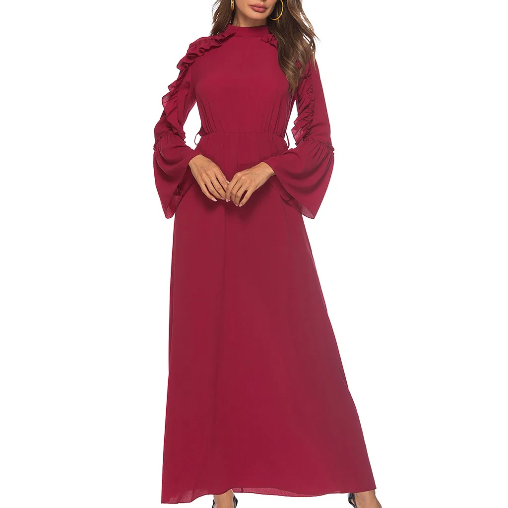 women spring 2019 solid red dress sash peplum ruffles long sleeve ankle length elegant dresses maxi vestidos 5.4 | Женская одежда