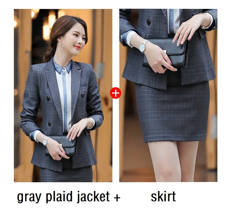 gray jacket skirt Женские костюмы, тонкий пиджак в клетку с длинным рукавом и брюки, 2 предмета в комплекте, OL, официальные женские брюки, костюмы для женщин, костюмы 866 - Цвет: gray jacket skirt