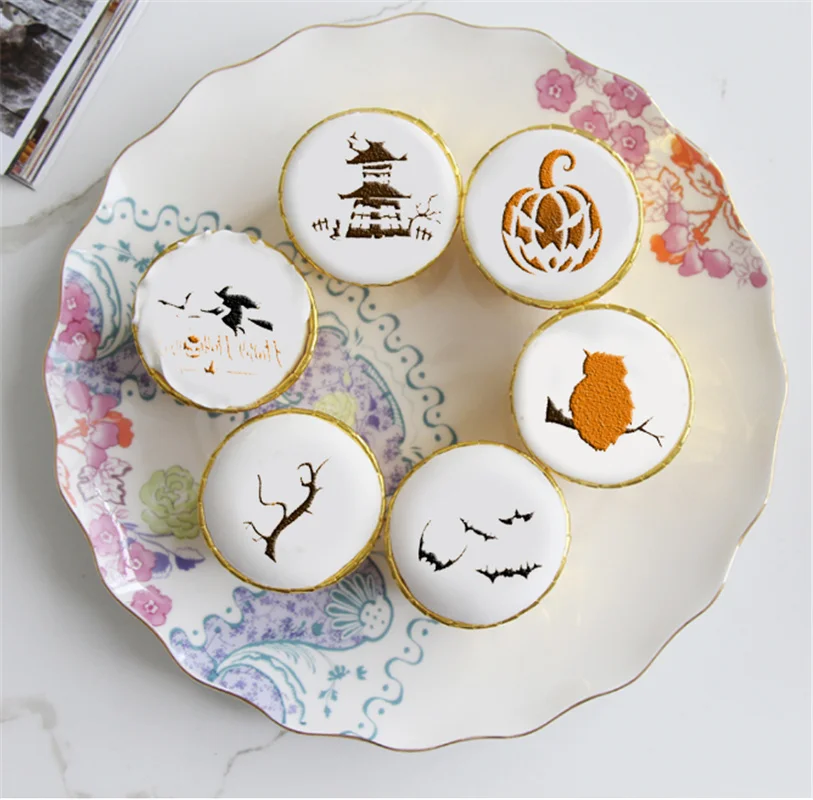 HOHGIULIA 6Pcs Cartoon Pumpkin Bats Branches Halloween Sugar Sieve Mold Coffee Milk Cake Cupcake Cookie Stencils Template S247 | Дом и сад