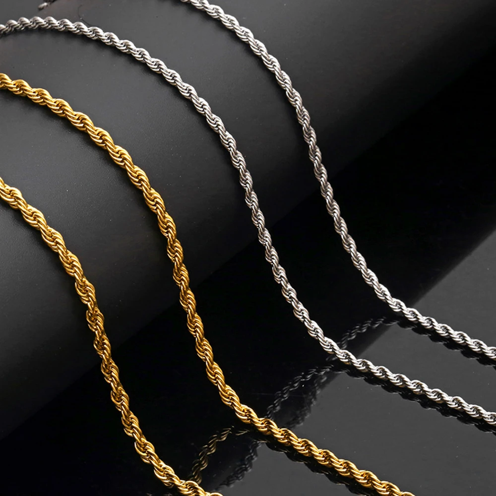 Men Women Hip Hop Rapper's Twist Chain 3mm 24&quot Stainless Steel Gold Silver Color Rope Link Clavicle Necklace Fashion Jewelry |