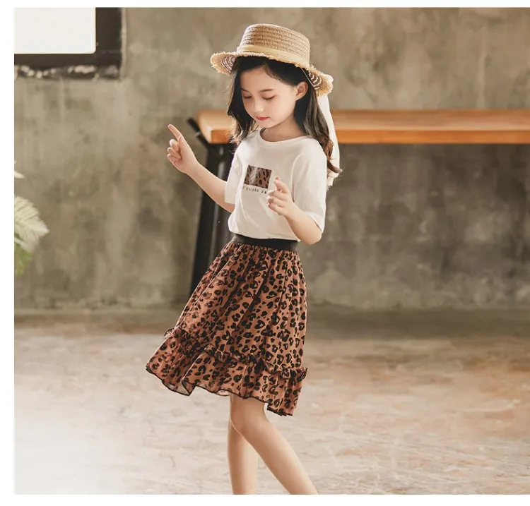 Girls Clothes Set Summer White Shirt with Leopard Cake Skirt 2 Pieces Sets Little Kids Casula Cotton Clothing Suit