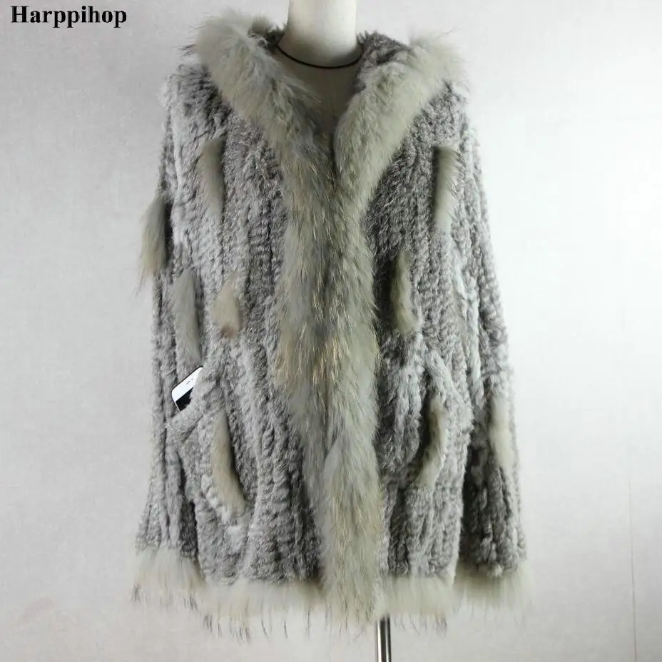 Real Fur Coat With Hood 2023 lady knitted Real rabbit fur coat/ jacket/ outware with hood women belt long with tassels