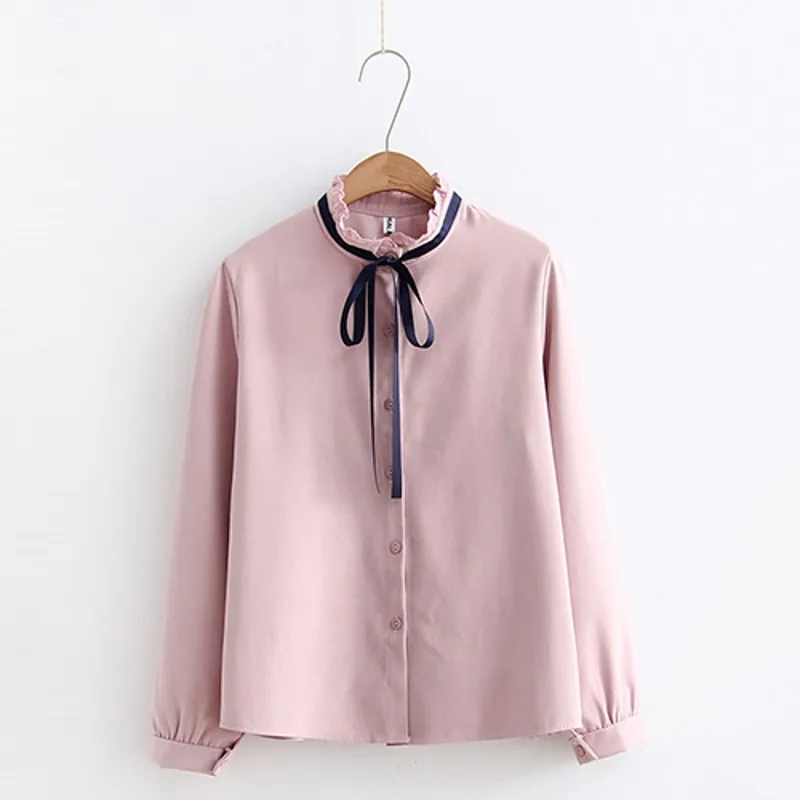 Женская шифоновая блузка с длинным рукавом однотонная Свободная рубашка бантом