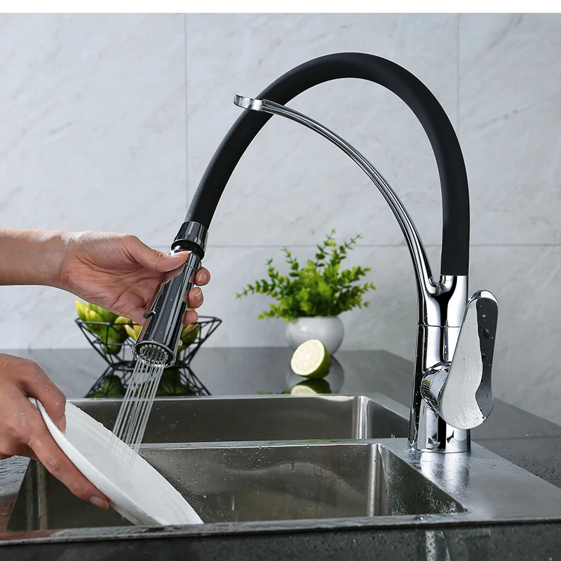 LOY Kitchen Mixer Faucet 1 Set Crane Sink Polished Chrome Single Handle 360 Swivel black Neck Tap Hot And Cold Water 02002 | Обустройство