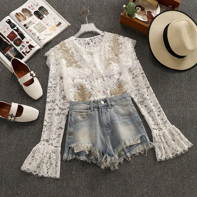 2019 Spring New Fairy Hollowed Peter Pan Collar White Lace Women Shirts Flare Sleeve Full Sleeves Tops For Free Shipping |