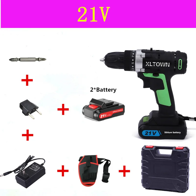 21V B XLTOWN 12V16. 8 в/21 в электрическая отвертка с 2 батареями заряжаемая литиевая батарея домашняя ручная дрель электроинструменты электрическая дрель - Цвет: 21V B