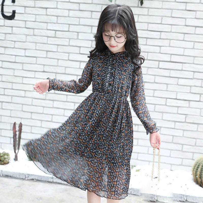 Girls Chiffon Dress Summer Vintage Floral Kids Dresses for Long-Sleeved Princess Teenage Clothes RT554 | Детская одежда и обувь