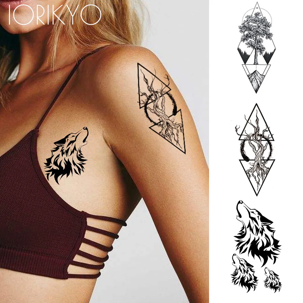 

Sexy Geometric Tree Totem Tattoo Stickers Women Body Art Drawing Temporary Tattoo Men Fashion Arm Black Wolf Fake Tatoos Supply