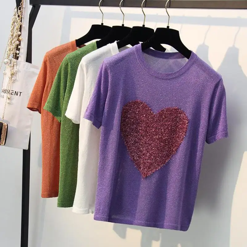 Heart Embroidery Women Sweaters Ice Cool Rayon Woman Pullovers 2019 Thin Knitting Tops O-neck Short Sleeve Tees White | Женская одежда