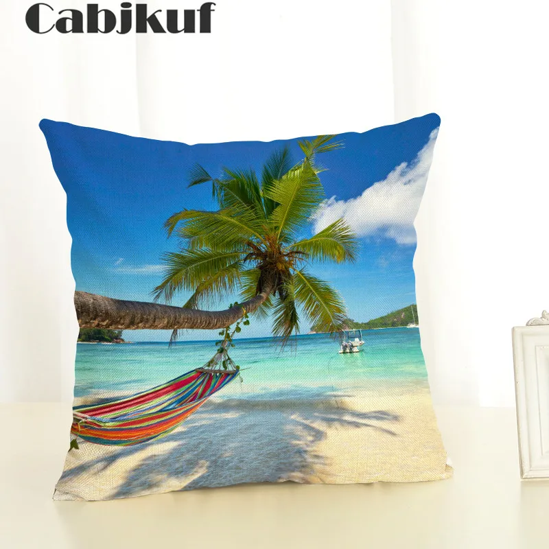 New 45x45 Seaside Scenery Housewear Leaf Ocean Chair Cushion Cover Soft Pillow Case Cojines Almofadas Cotton Linen Square | Дом и сад