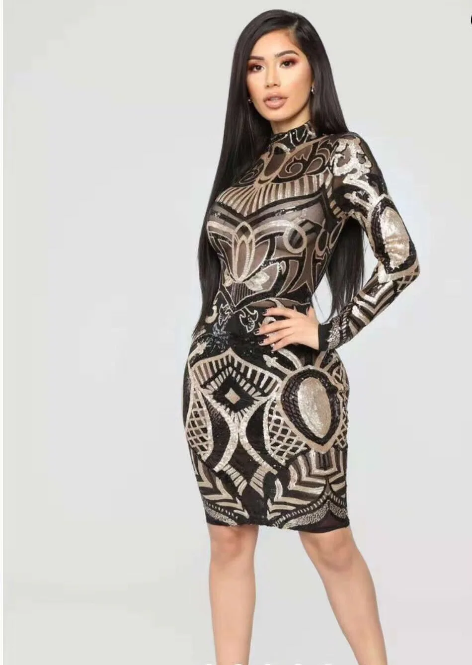 3 цвета дамы с длинным рукавом Sequines Bodycon мини платье Сексуальная клубная ночь знаменитости модная одежда
