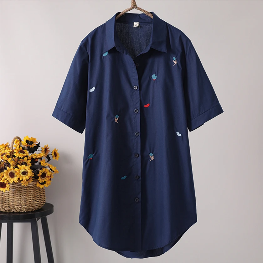 New Arrival Women Heart Embroidery Long Cotton White Blouse Summer Short Sleeve Female Shirt Turn-Down Collar Top T96405F | Женская