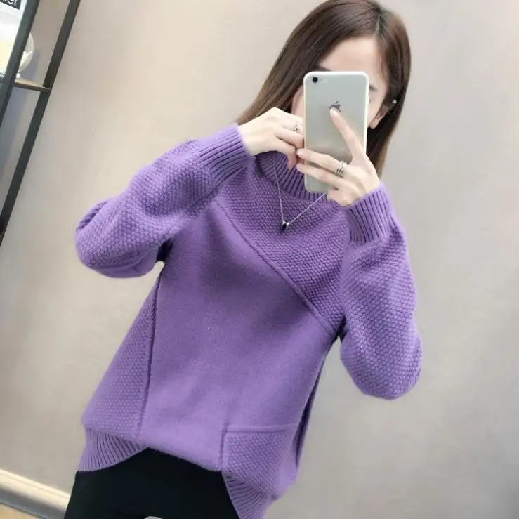 Purple Новое поступление, зима, корейская модная одежда, Женские повседневные пуловеры, вязанные свободные топы с высоким воротом, толстый фиолетовый свитер D659 - Цвет: Purple