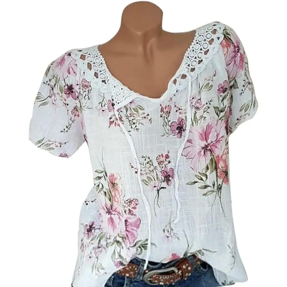 MISSKY 2019 New Women Spring Summer t shirt Lace Edge Hollow Out V-neck Fashion Print Short Sleeve T-shirt Female Clothes | Женская