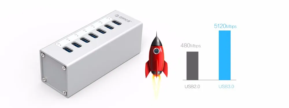ORICO A3H7 дизайн высокого Скорость Алюминий 7 Порты и разъёмы USB 3,0 концентратор для ПК/ноутбук-Серебристый