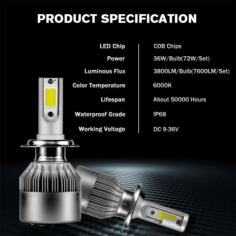 C6 COB 72 W фары для 7600LM Автомобильный светодиодный лампы передних фар (Подол короче