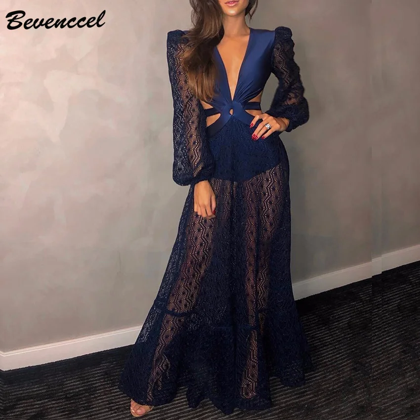 Bevenccel, женское платье с длинным рукавом, новинка, сексуальное, глубокий v-образный вырез, открытая спина, на шнуровке, Элегантное макси платье, подиум, вечернее платье, vestidos