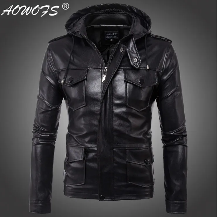 2019 New Europe and America Men's Hooded Motorcycle Leather Jacket Autumn Multi-pocket Black PU Coat Big Size 5XL | Мужская одежда