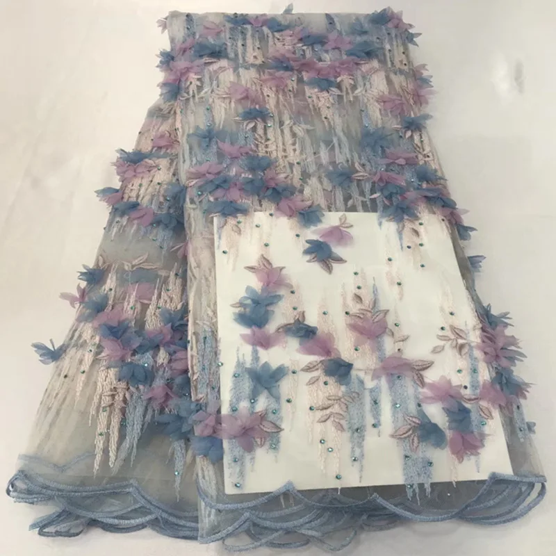 

New design 3d flower embroidered tulle lace,High quality noble french lace with stones for party dress